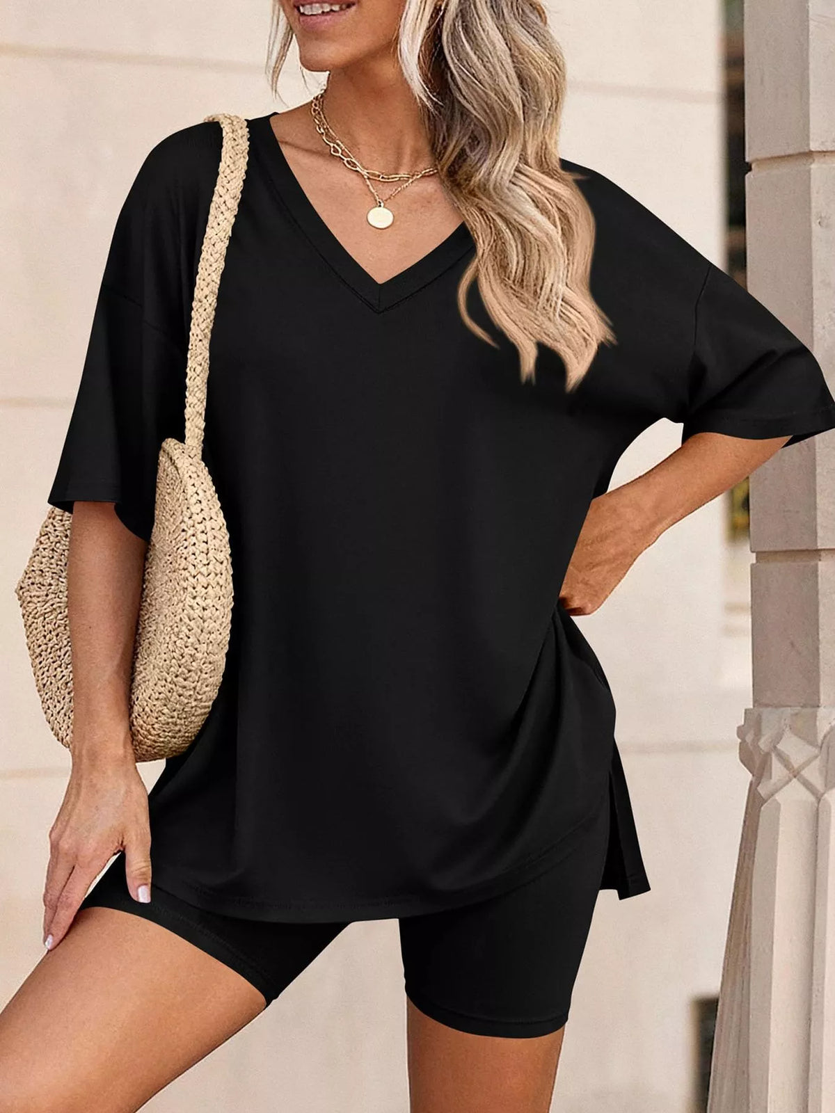 Cloudrest Oversized V-Neck Tee & Shorts Lounge Set
